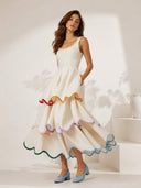 Elegant Color Trim Tiered Ruffle Sleeveless Maxi Dress