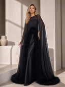 Elegant Feather Trim Chiffon Shawl Black Satin Maxi Dress