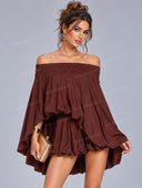 Casual Off Shoulder Cape Top & Bubble Shorts Two Piece Set