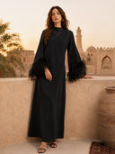Elegant Feather-Trim Batwing Sleeve Maxi Dress