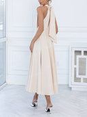 Elegant Backless Ruched Prom Midi Dress