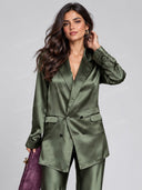 Satin Double Breasted Blazer & Wide Leg Pants Two Piece Set
