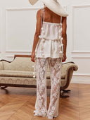 Elegant Sheer Chiffon Cami Top & Floral Lace Wide Leg Pants Two-Piece Set
