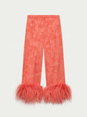 Elegant Feather Trim Jacquard Wrap Blouse & Pants Two-Piece Set
