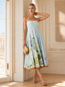 Unique Floral Print Linen Midi Dress
