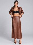 Faux Leather Belted Jacket & Maxi Skirt Two Piece Set