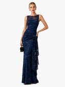 Elegant Floral Embroidered Mesh Ruched Maxi Dress