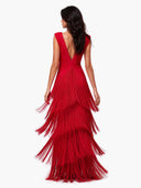 Elegant Deep V-Neck Tiered Fringe Sleeveless Maxi Dress