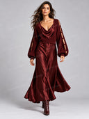 Elegant Knit Balloon Sleeve Sweater & Satin Cowl Neck Dress Two Piece Set