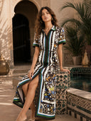 Unique Retro Moroccan Print Belted Linen Midi Dress