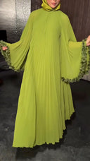 Elegant Pleated Floral Cuff Maxi Dress