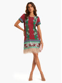 Retro Floral Print Feather-Hem Mini Dress