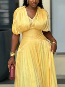 Elegant Pleated V-Neck Cape Sleeve Maxi Dress