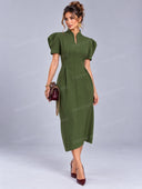 Structured Puff Sleeve Stand Collar Midi Dress