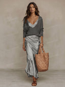 Elegant Knit V-Neck Sweater & Satin Slip Dress Two-Piece Set