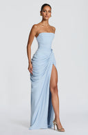 Strapless Pleated Slit Maxi Dress