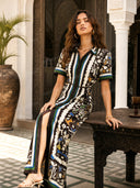 Unique Retro Moroccan Print Belted Linen Midi Dress