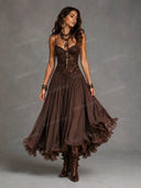 Sexy Lace V-Neck Ruffled Flowy Midi Dress