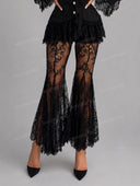 Elegant Lace Trim Blazer Top & Flared Lace Pants Two-Piece Set