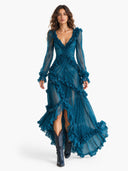 Elegant Ruffle Deep V-Neck Sheer Sleeve Maxi Dress