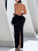 Sexy Feather Trim Halter Neck Maxi Dress