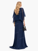 Elegant Blue Chiffon Cape Top & Wide-Leg Pants Two-Piece Set