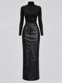 Mock Neck Bodysuit and Faux Leather Maxi Skirt Two Piece Set