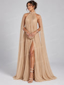 Pleated Cape High Neck Slit Maxi Dress