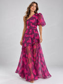Butterfly Print One Shoulder Ruffle Maxi Dress