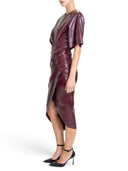 Elegant Faux Leather Ruched Wrap Midi Dress