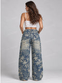 Floral Print Washed Denim Barrel Leg Jeans
