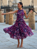 Elegant Abstract Print Halter Tiered Maxi Dress