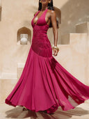 Elegant Halter Neck Ruched Pleated Maxi Dress