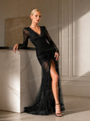 Charming Sheer Tulle Lace High Slit Maxi Dress