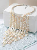 Mother of Pearl Disc Fringe Statement Necklace