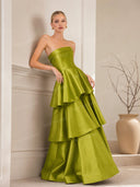 Elegant Strapless Tiered Ruffle Satin Maxi Dress