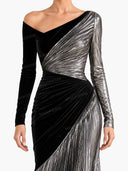 Metallic Color Block Off Shoulder Pleated Maxi Dress