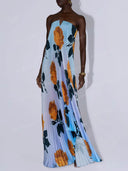 Elegant Floral Print Strapless Pleated Maxi Dress