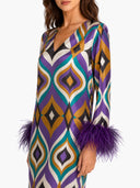 Elegant Geometric Print Feather Cuff Satin Maxi Dress