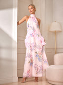 Elegant Pink Floral Applique Halter Maxi Dress