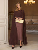 Elegant Satin and Sheer Chiffon Cape Maxi Dress