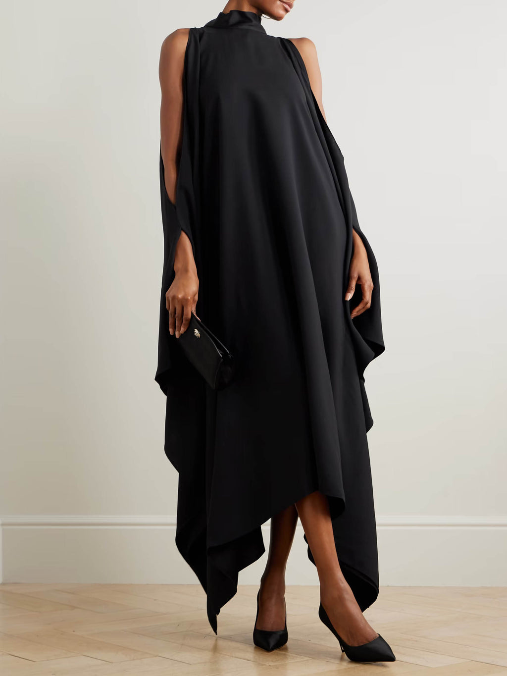 Elegant High-Neck Sleeveless Draped Midi Dress