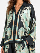 Elegant Abstract Print Satin Shirt & Wide Leg Pants Set