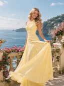 Elegant One-Shoulder Ruched Chiffon Tie-Waist Maxi Dress