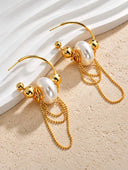 Pearl Beaded Chain Drop Hoop Earrings