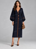 Contrast Stitch Button Front Balloon Sleeve Midi Dress