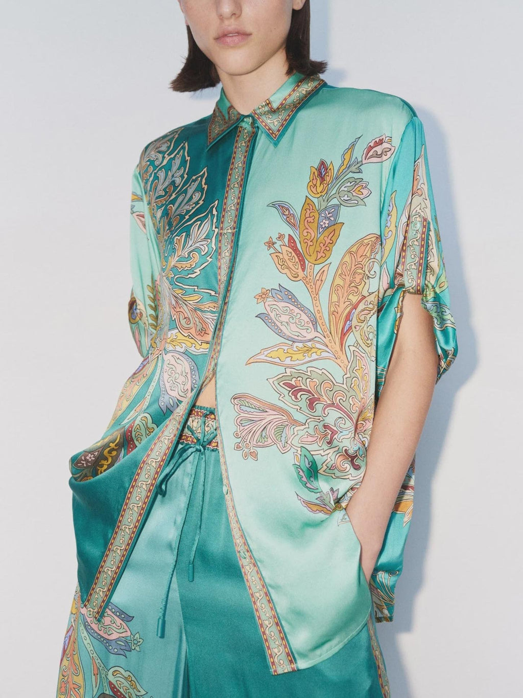 Exquisite Satin Unique Plant Flower Print Loose Wide-Leg Pants