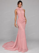 Elegant Feather Trim Halter Draped Maxi Dress