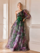 Elegant Floral Print Ruched One-Shoulder Sheer Maxi Dress