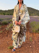 Elegant Tie-Dye Glossy Satin Kaftan Maxi Dress